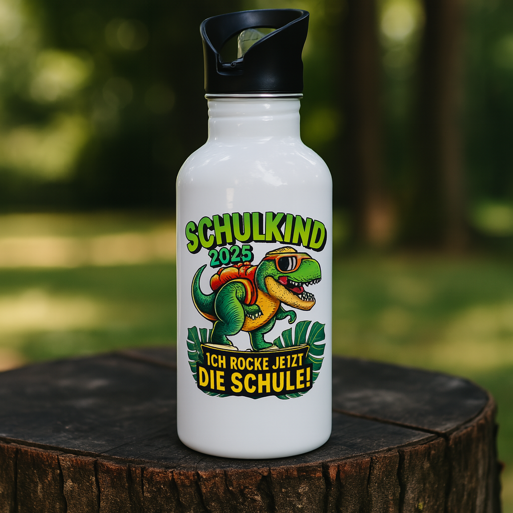 Schulkind 2025 – Dino Ich rocke jetzt die Schule! - Edelstahl-Trinkflasche
