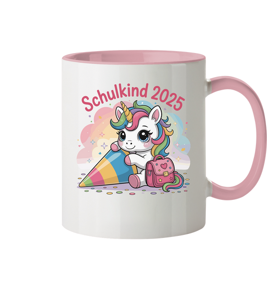 Schulkind 2025 – Einhorn mit Namen Personalisiert - Tasse zweifarbig