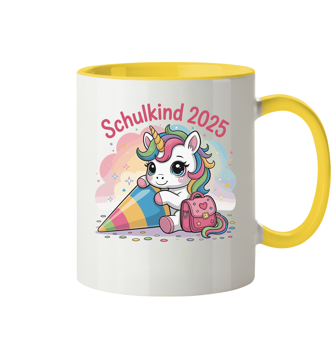 Schulkind 2025 – Einhorn mit Namen Personalisiert - Tasse zweifarbig