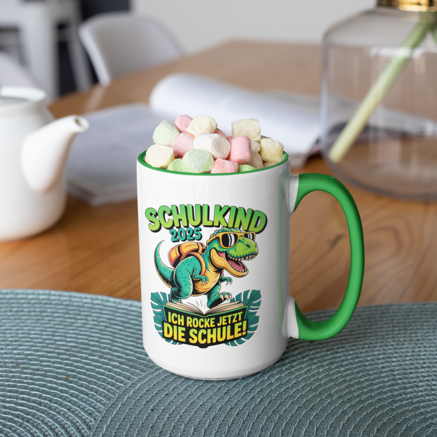 Schulkind 2025 – Dino Ich rocke jetzt die Schule! - Tasse zweifarbig