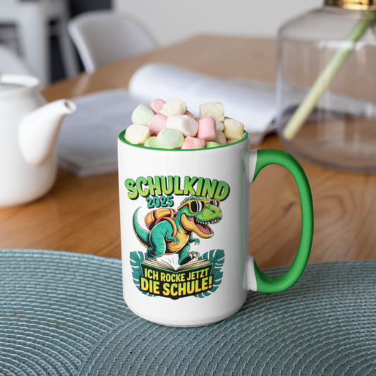 Schulkind 2025 – Dino Ich rocke jetzt die Schule! - Tasse zweifarbig