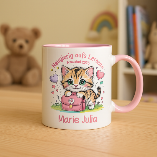 Schulkind 2025 Katze mit Namen Personalisiert - Tasse zweifarbig