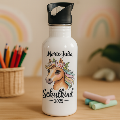 Schulkind 2025 Pferd mit Namen Personalisiert - Edelstahl-Trinkflasche
