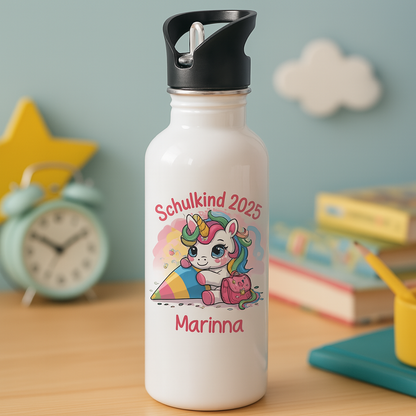 Schulkind 2025 – Einhorn mit Namen Personalisiert  - Edelstahl-Trinkflasche
