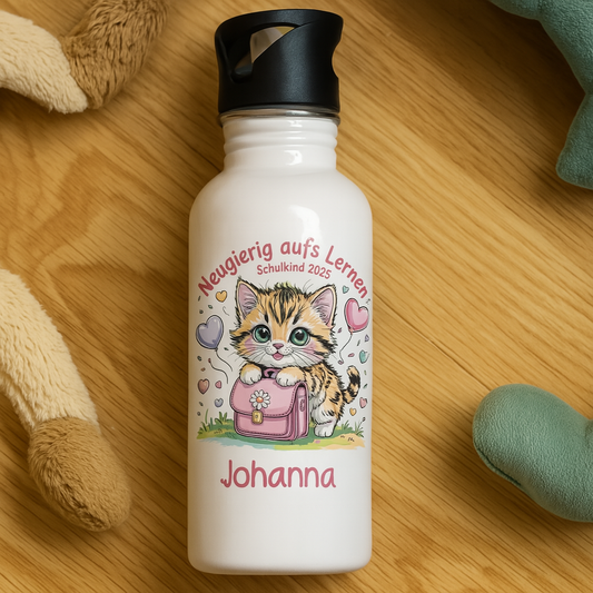 Schulkind 2025 Katze mit Namen Personalisiert - Edelstahl-Trinkflasche