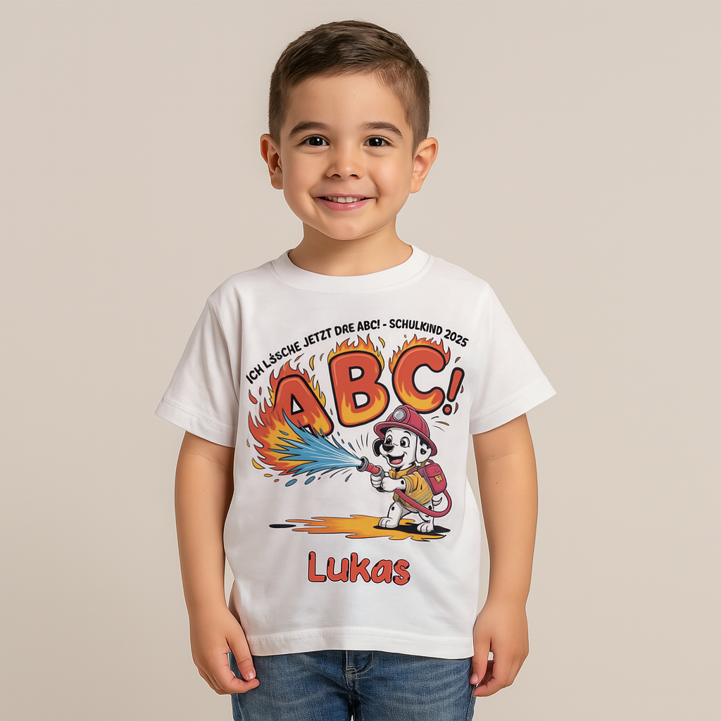 Schulkind 2025 Feuerwehr Hund mit Name Personalisiert  - Kids Bio Shirt