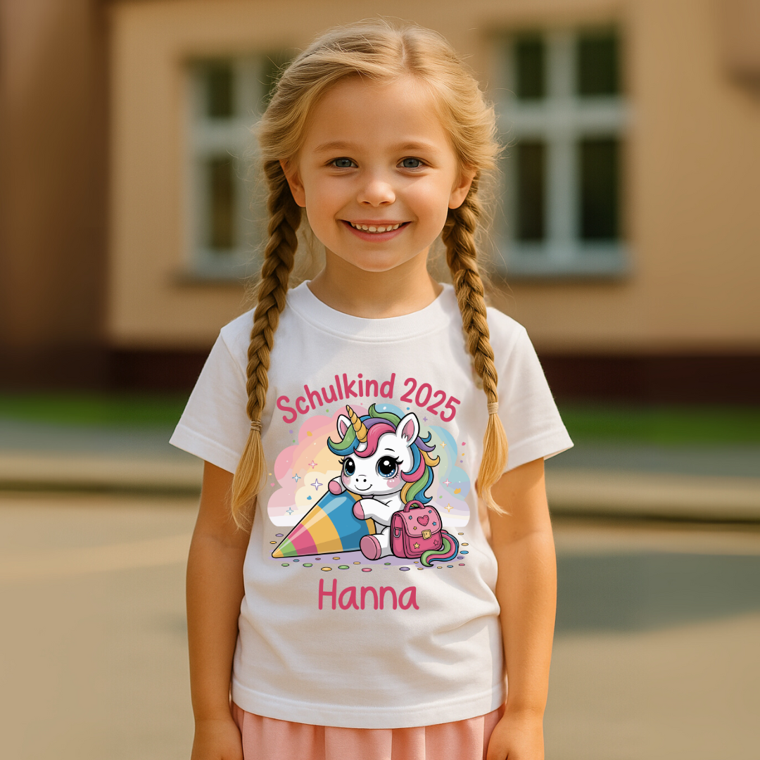 Schulkind 2025 – Einhorn mit Namen Personalisiert   Kids Bio Shirt