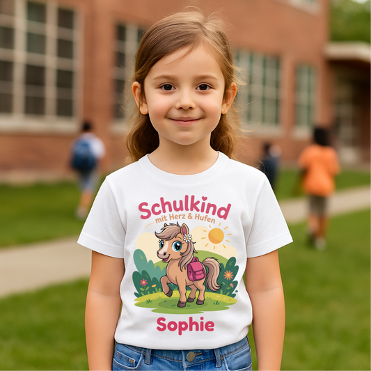 Schulkind 2025 mit Herz & Hufen mit Namen Personalisiert - Kids Organic Shirt