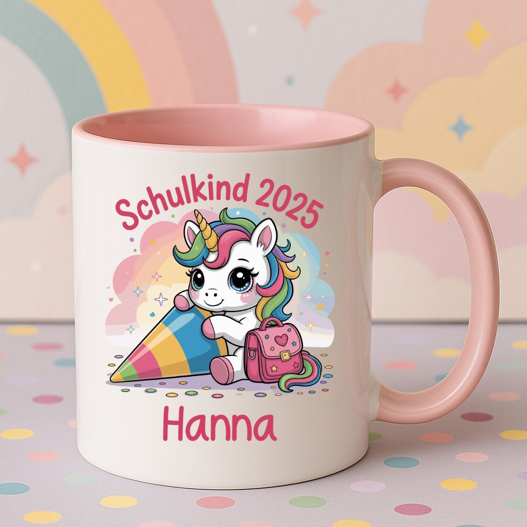 Schulkind 2025 – Einhorn mit Namen Personalisiert  - Tasse zweifarbig