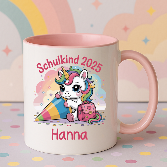 Schulkind 2025 – Einhorn mit Namen Personalisiert  - Tasse zweifarbig