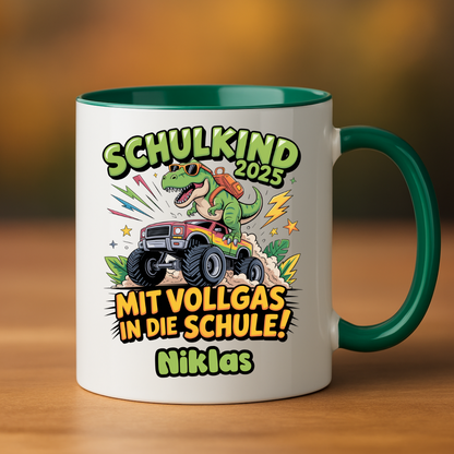 Schulkind 2025 mit Vollgas mit Name Personalisiert  - Tasse zweifarbig