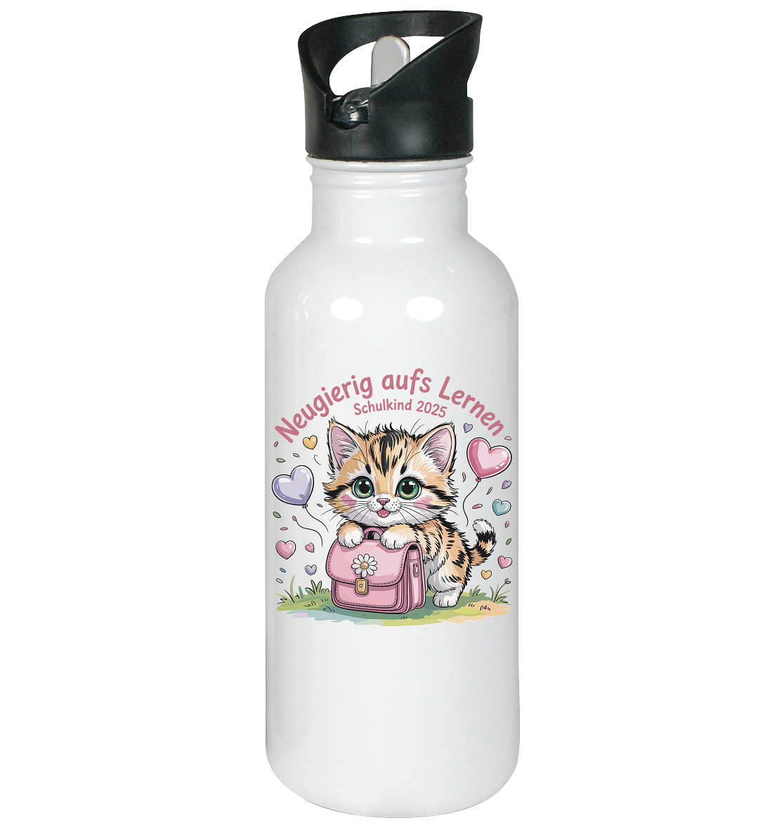 Schulkind 2025 Katze mit Namen Personalisiert - Edelstahl-Trinkflasche