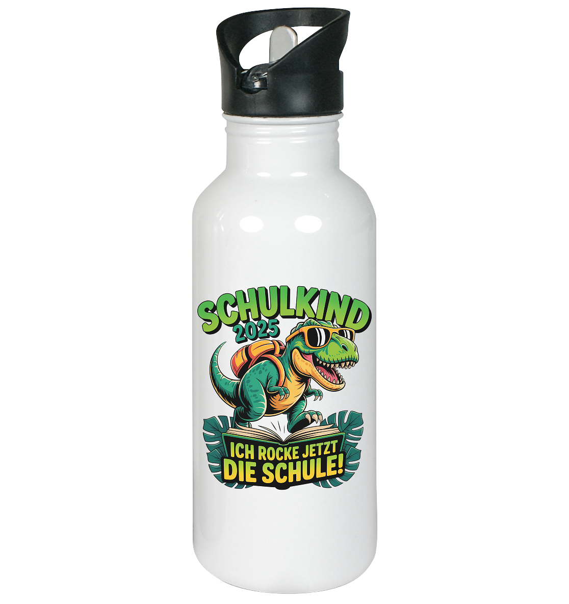 Schulkind 2025 – Dino Ich rocke jetzt die Schule! - Edelstahl-Trinkflasche