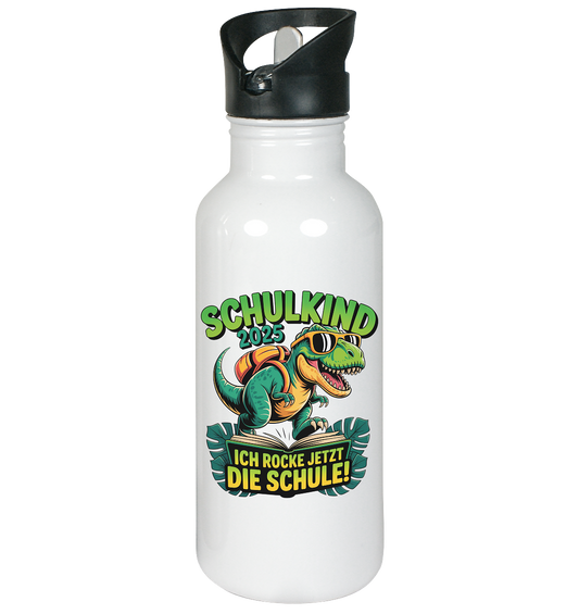 Schulkind 2025 – Dino Ich rocke jetzt die Schule! - Edelstahl-Trinkflasche