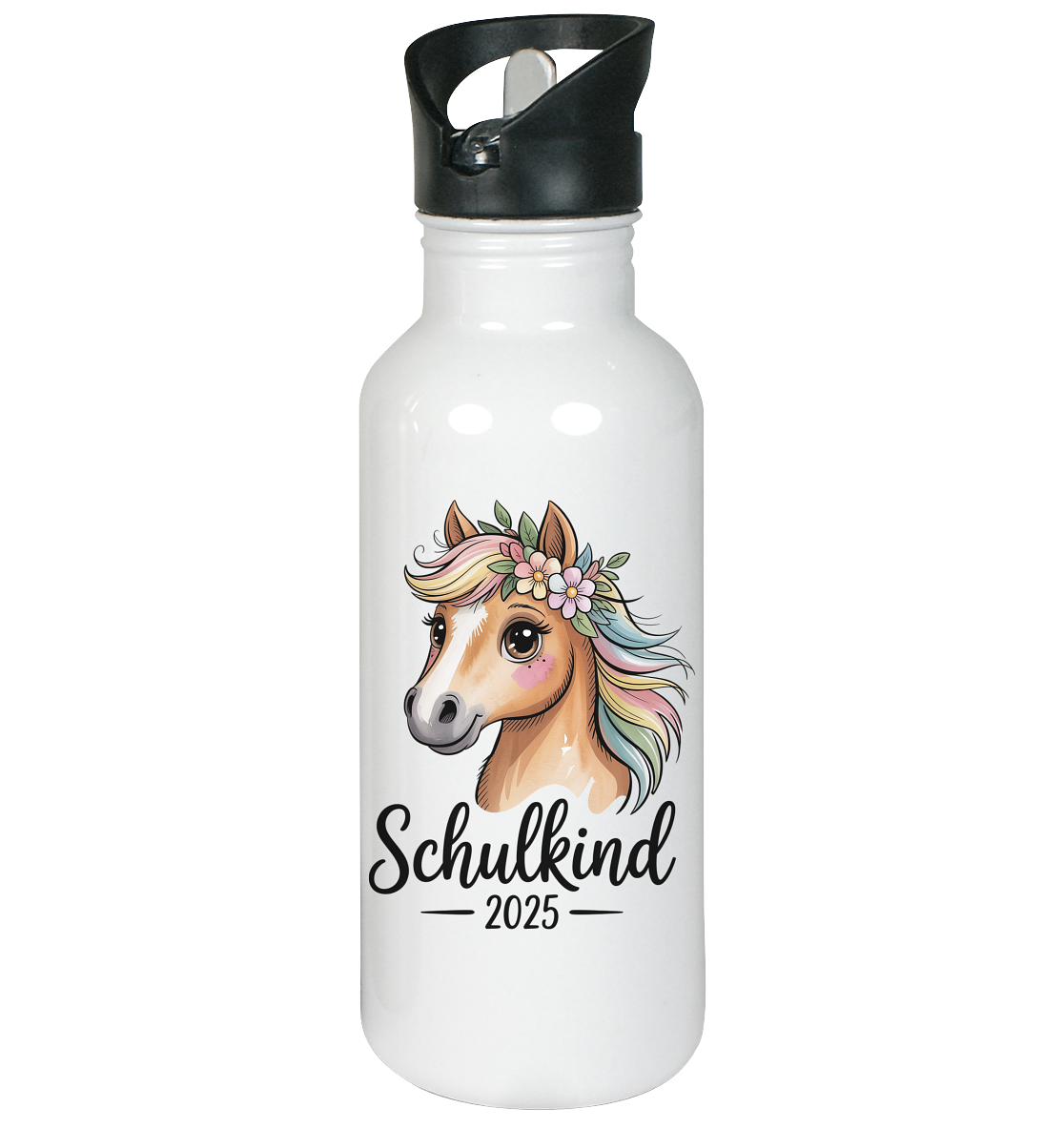 Schulkind 2025 Pferd mit Namen Personalisiert - Edelstahl-Trinkflasche