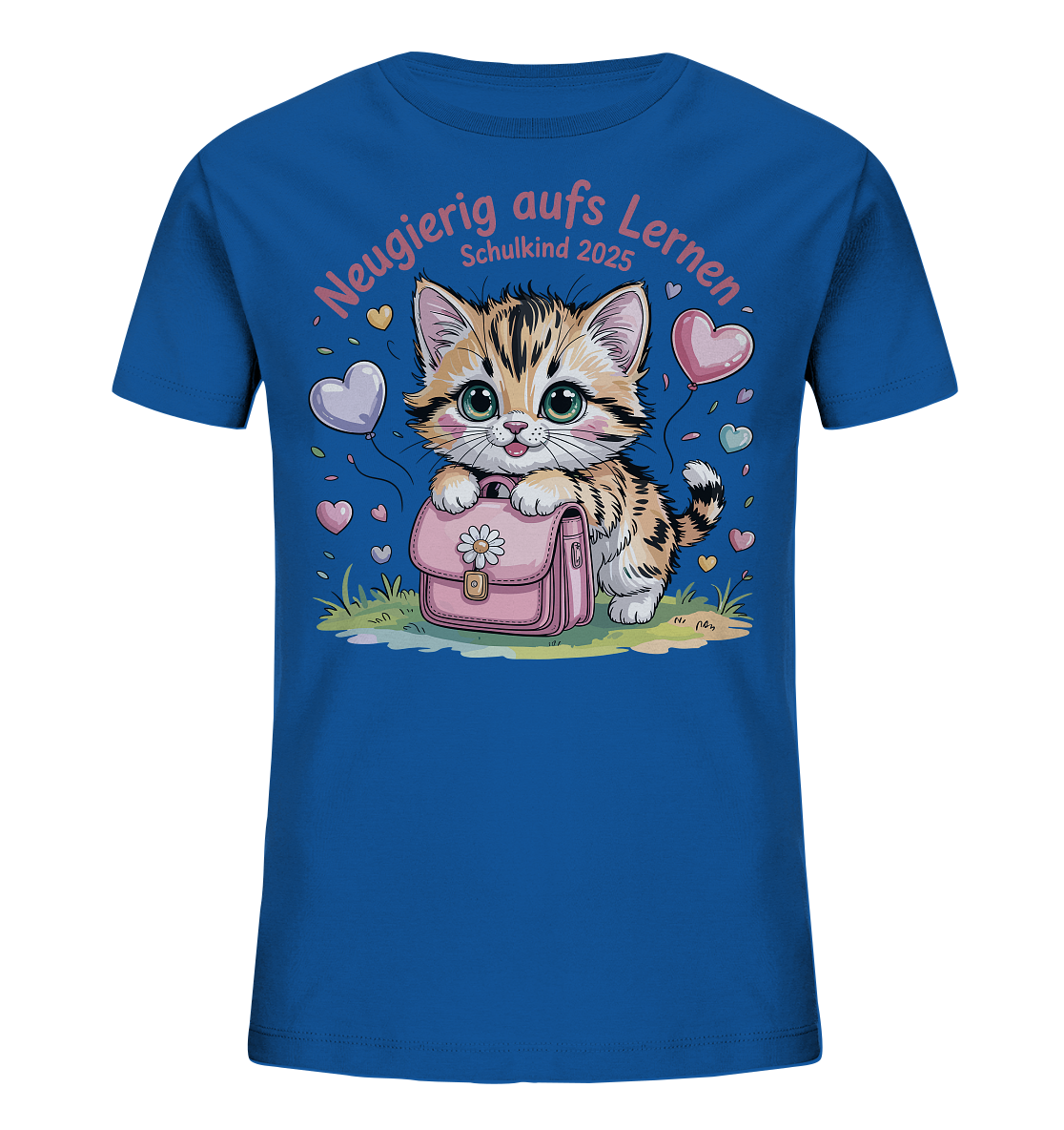 Schulkind 2025 Katze mit Namen Personalisiert Kids Bio Shirt