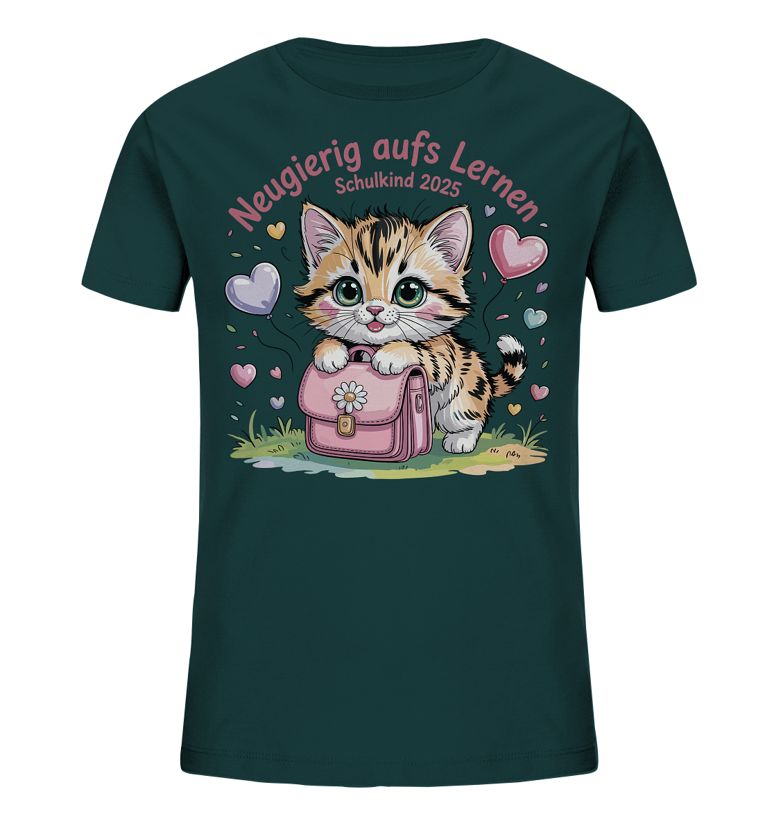 Schulkind 2025 Katze mit Namen Personalisiert Kids Bio Shirt