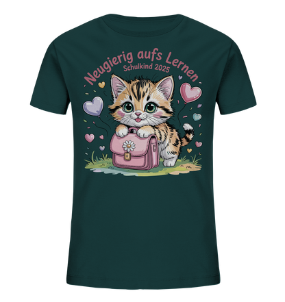 Schulkind 2025 Katze mit Namen Personalisiert Kids Bio Shirt