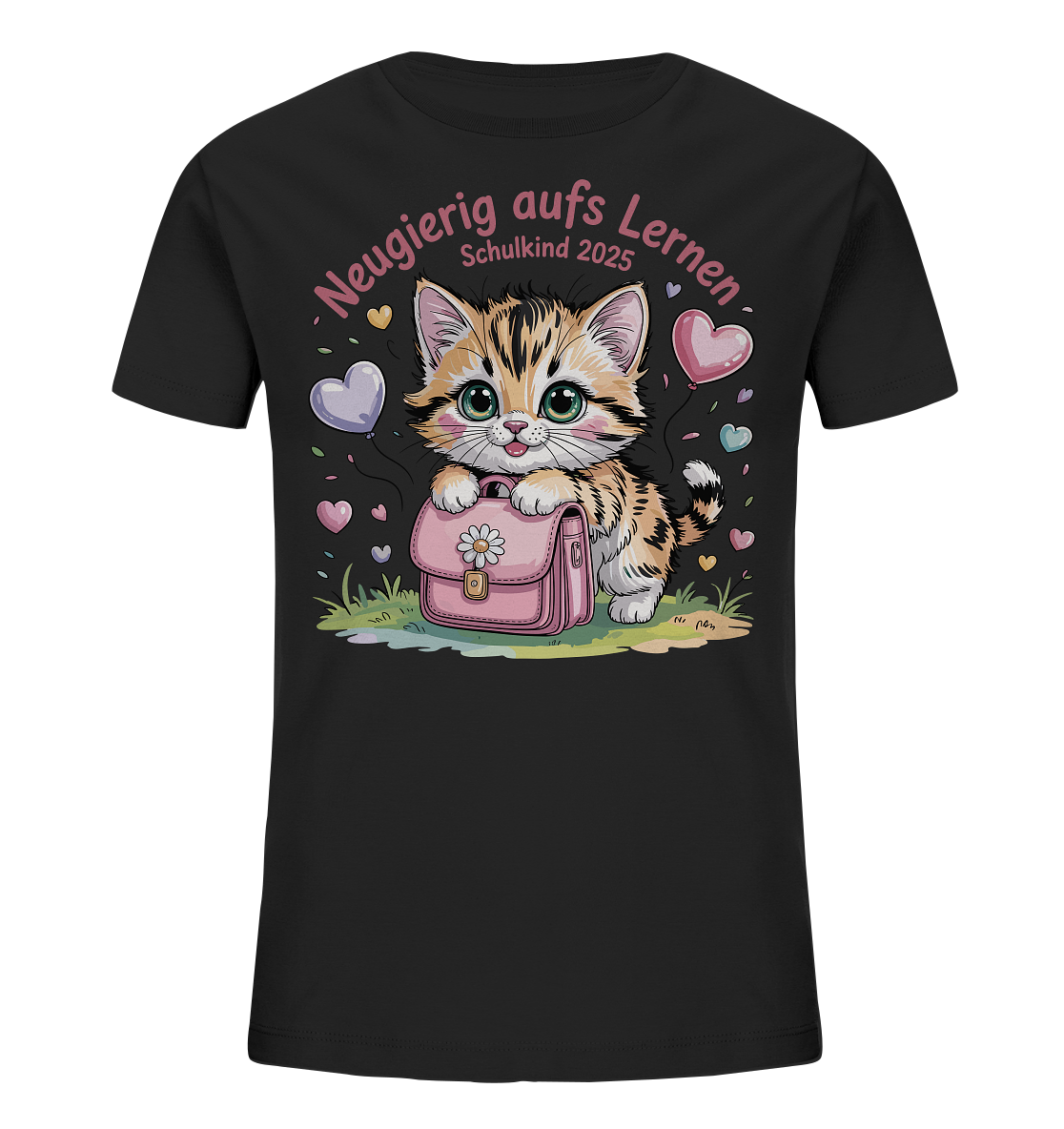 Schulkind 2025 Katze mit Namen Personalisiert Kids Bio Shirt