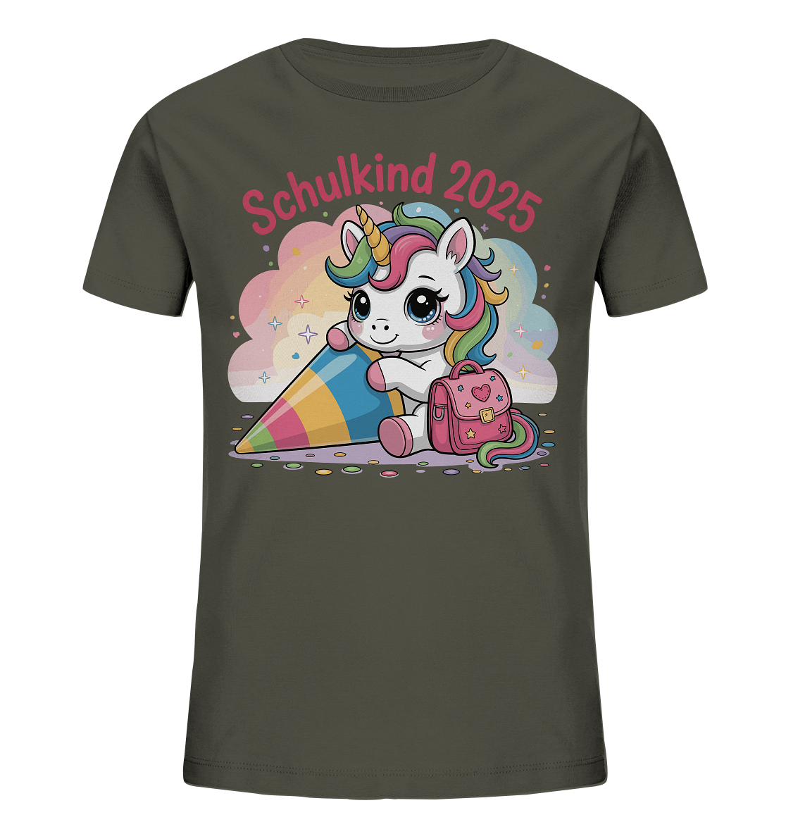 Schulkind 2025 – Einhorn mit Namen Personalisiert   Kids Bio Shirt