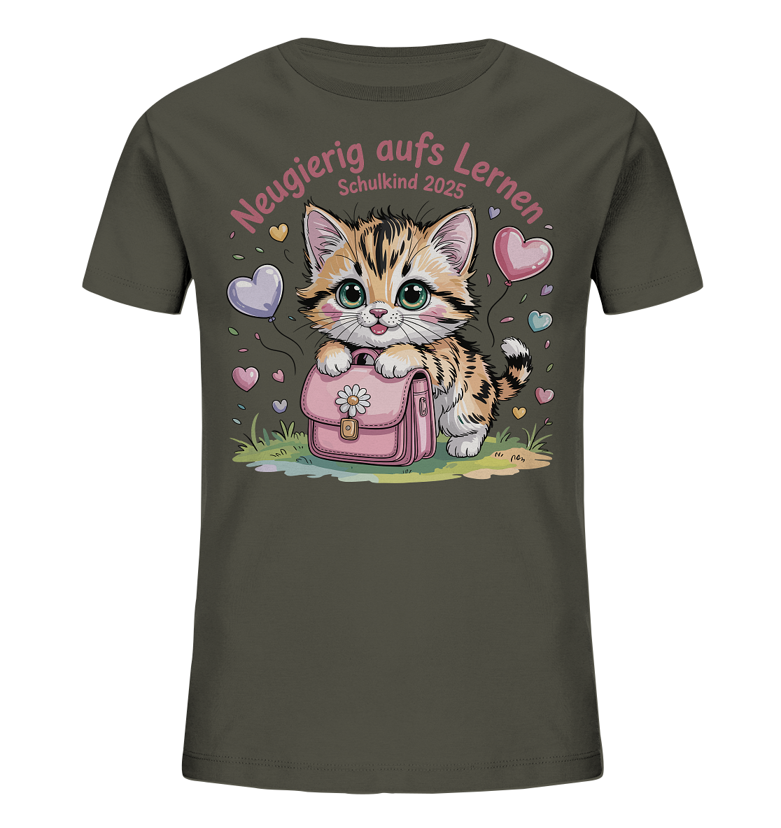 Schulkind 2025 Katze mit Namen Personalisiert Kids Bio Shirt