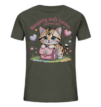Schulkind 2025 Katze mit Namen Personalisiert Kids Bio Shirt