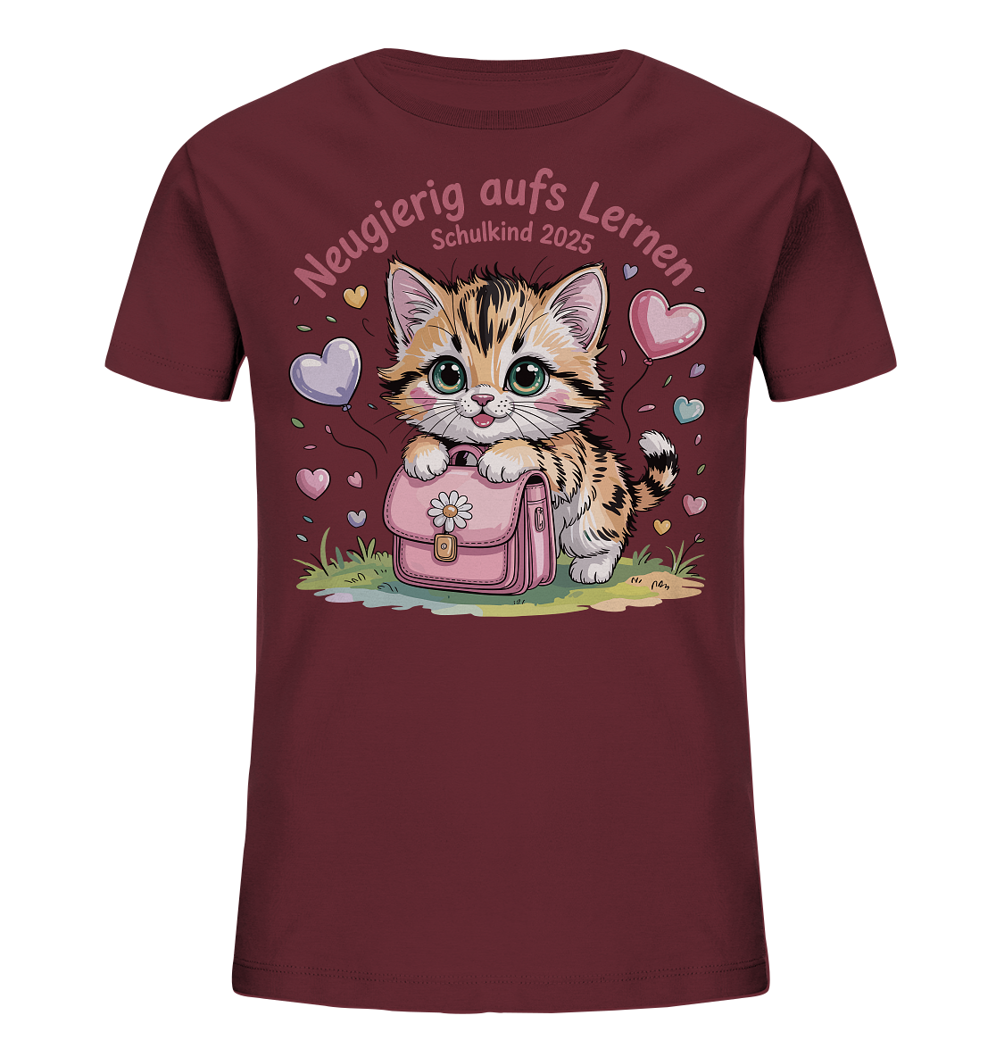 Schulkind 2025 Katze mit Namen Personalisiert Kids Bio Shirt