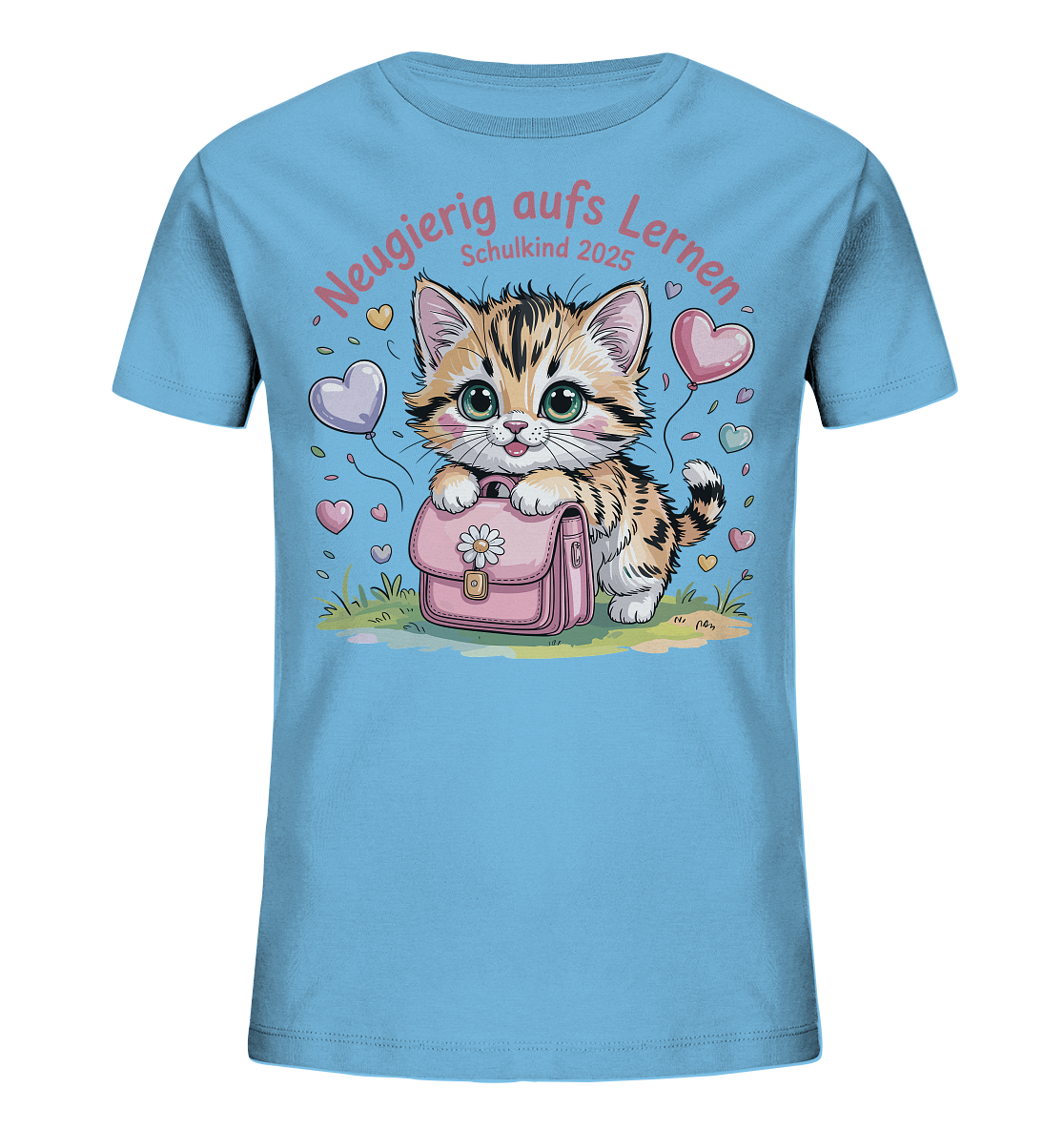 Schulkind 2025 Katze mit Namen Personalisiert Kids Bio Shirt