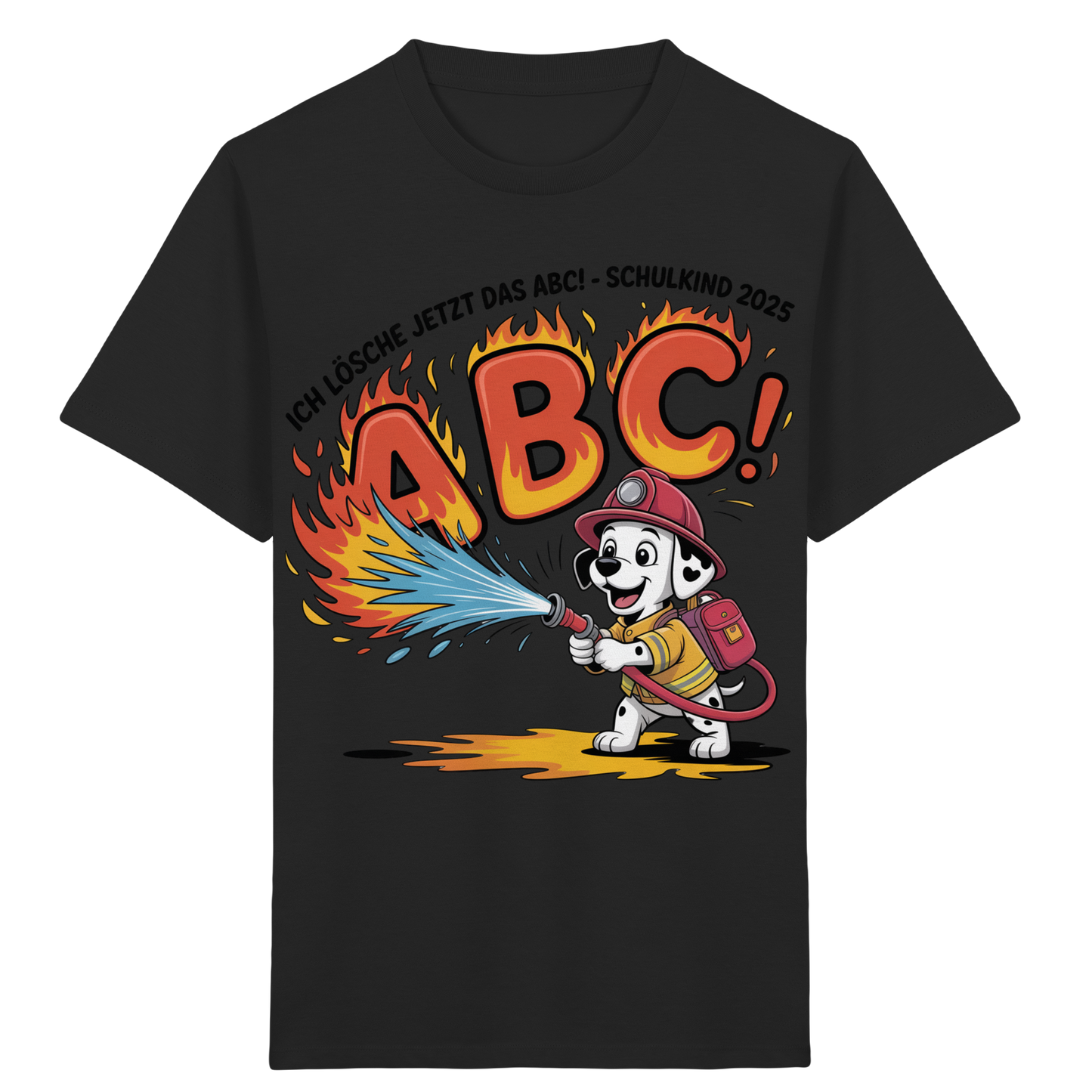 Schulkind 2025 Feuerwehr Hund mit Name Personalisiert  - Kids Bio Shirt