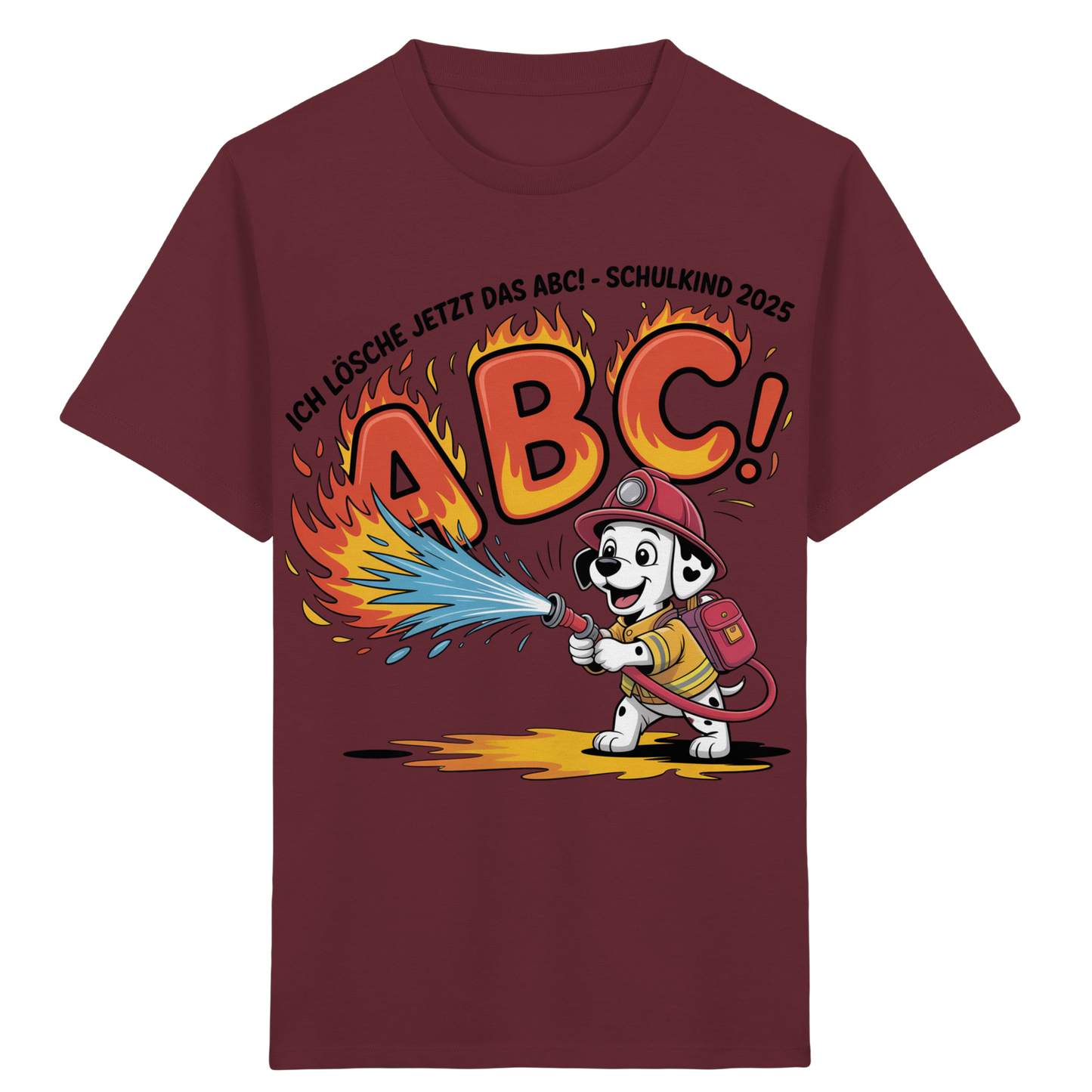 Schulkind 2025 Feuerwehr Hund mit Name Personalisiert  - Kids Bio Shirt