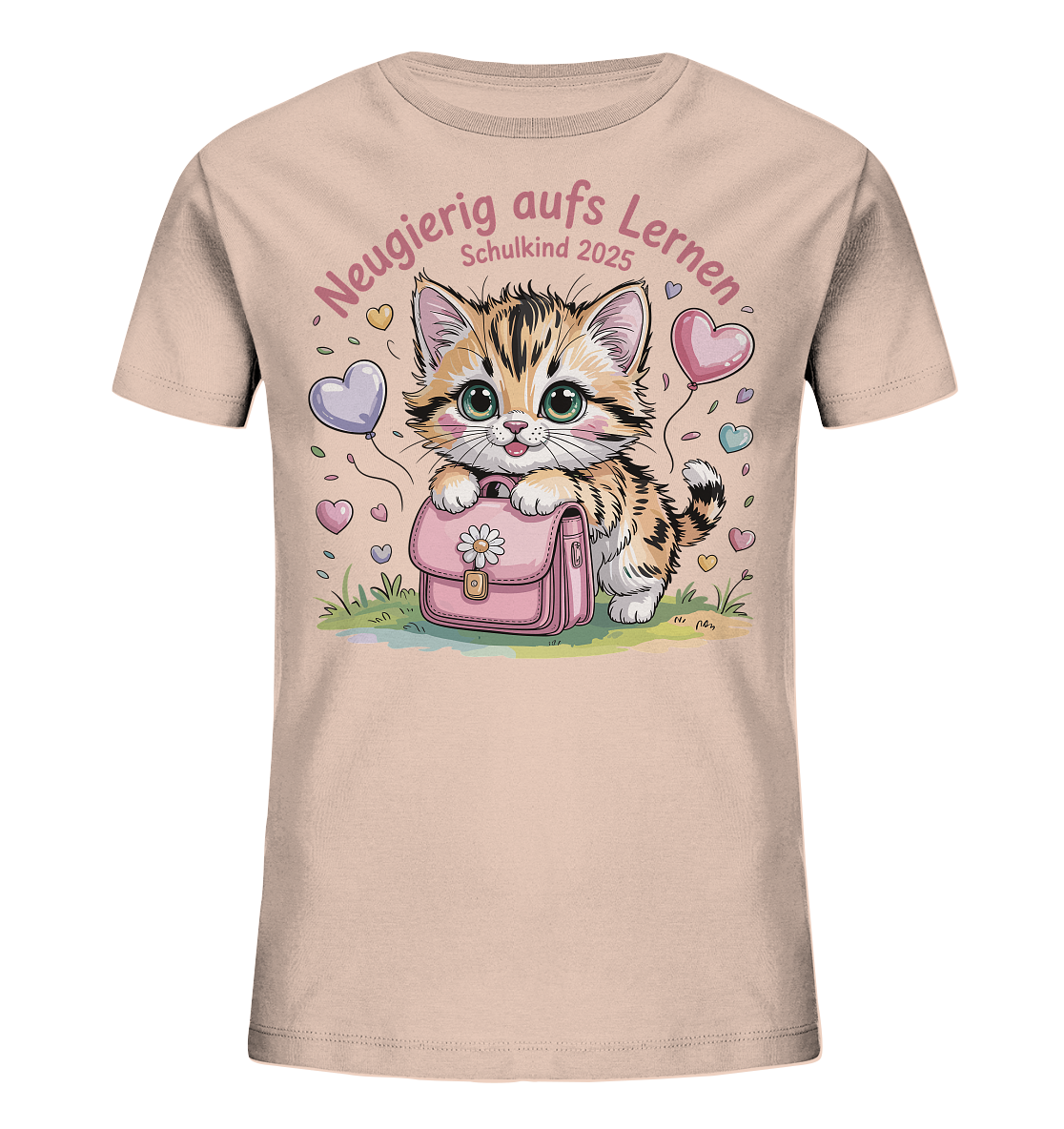 Schulkind 2025 Katze mit Namen Personalisiert Kids Bio Shirt