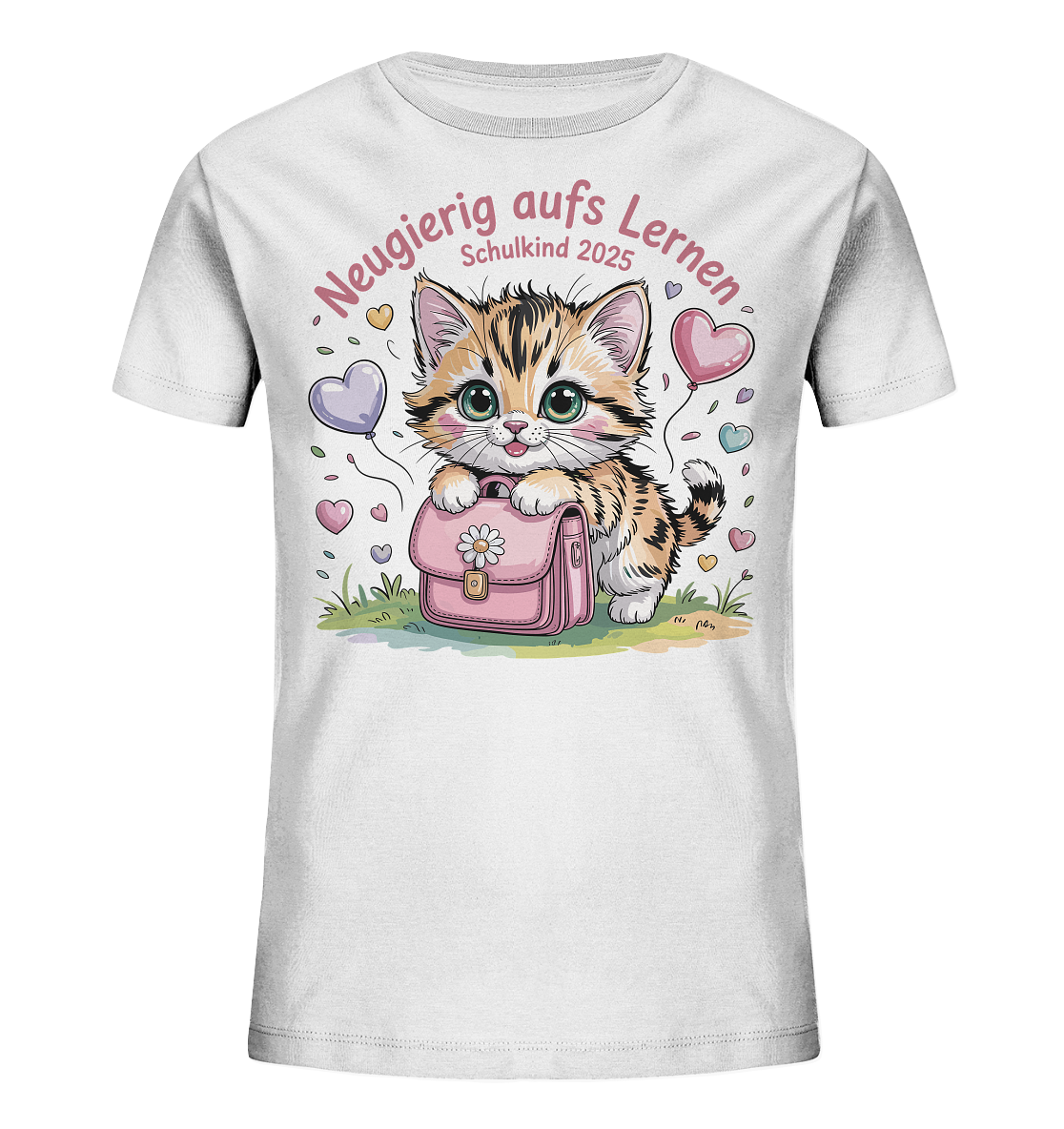 Schulkind 2025 Katze mit Namen Personalisiert Kids Bio Shirt