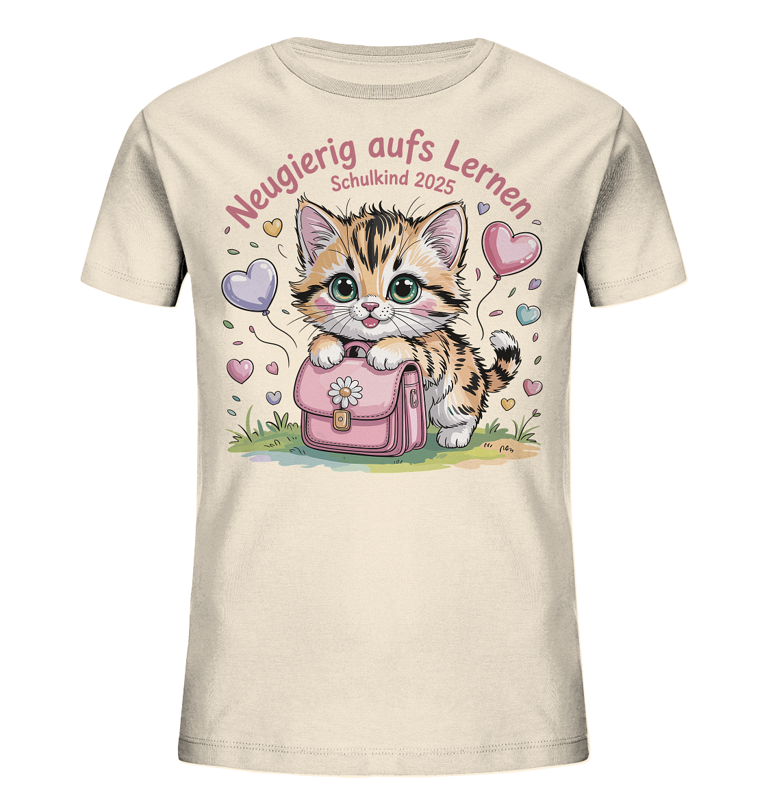 Schulkind 2025 Katze mit Namen Personalisiert Kids Bio Shirt