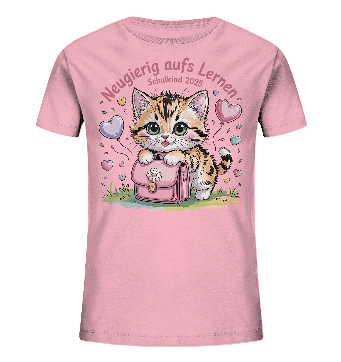 Schulkind 2025 Katze mit Namen Personalisiert Kids Bio Shirt