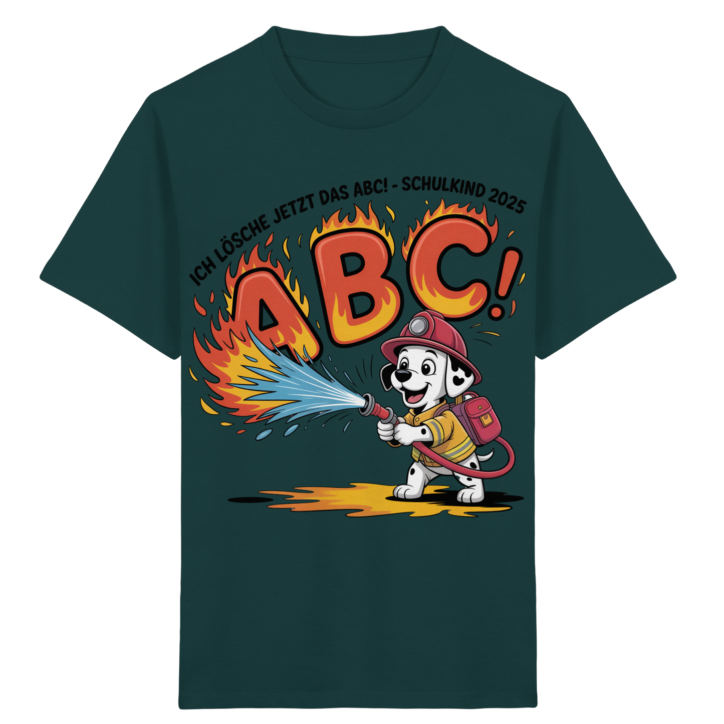 Schulkind 2025 Feuerwehr Hund mit Name Personalisiert  - Kids Bio Shirt