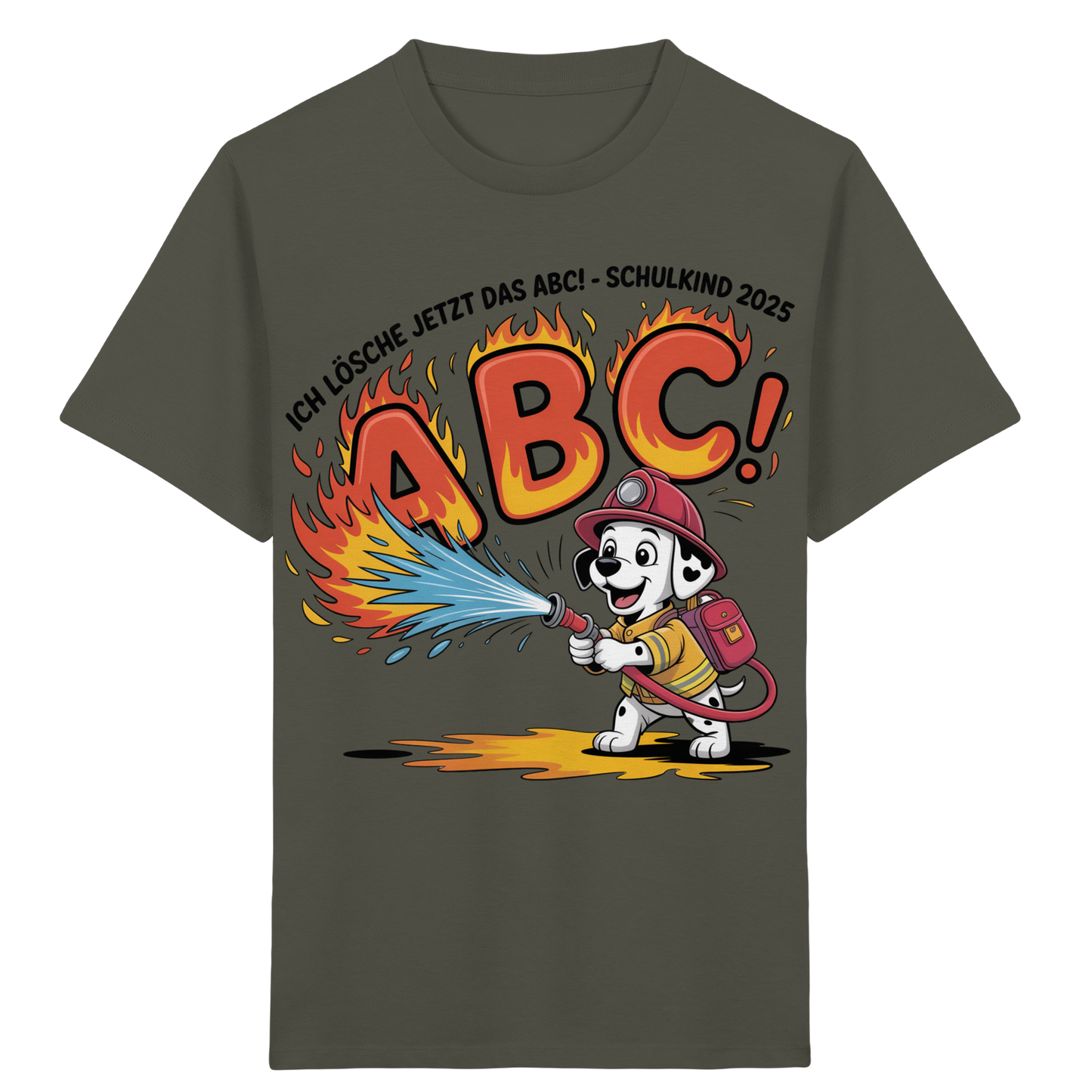 Schulkind 2025 Feuerwehr Hund mit Name Personalisiert  - Kids Bio Shirt
