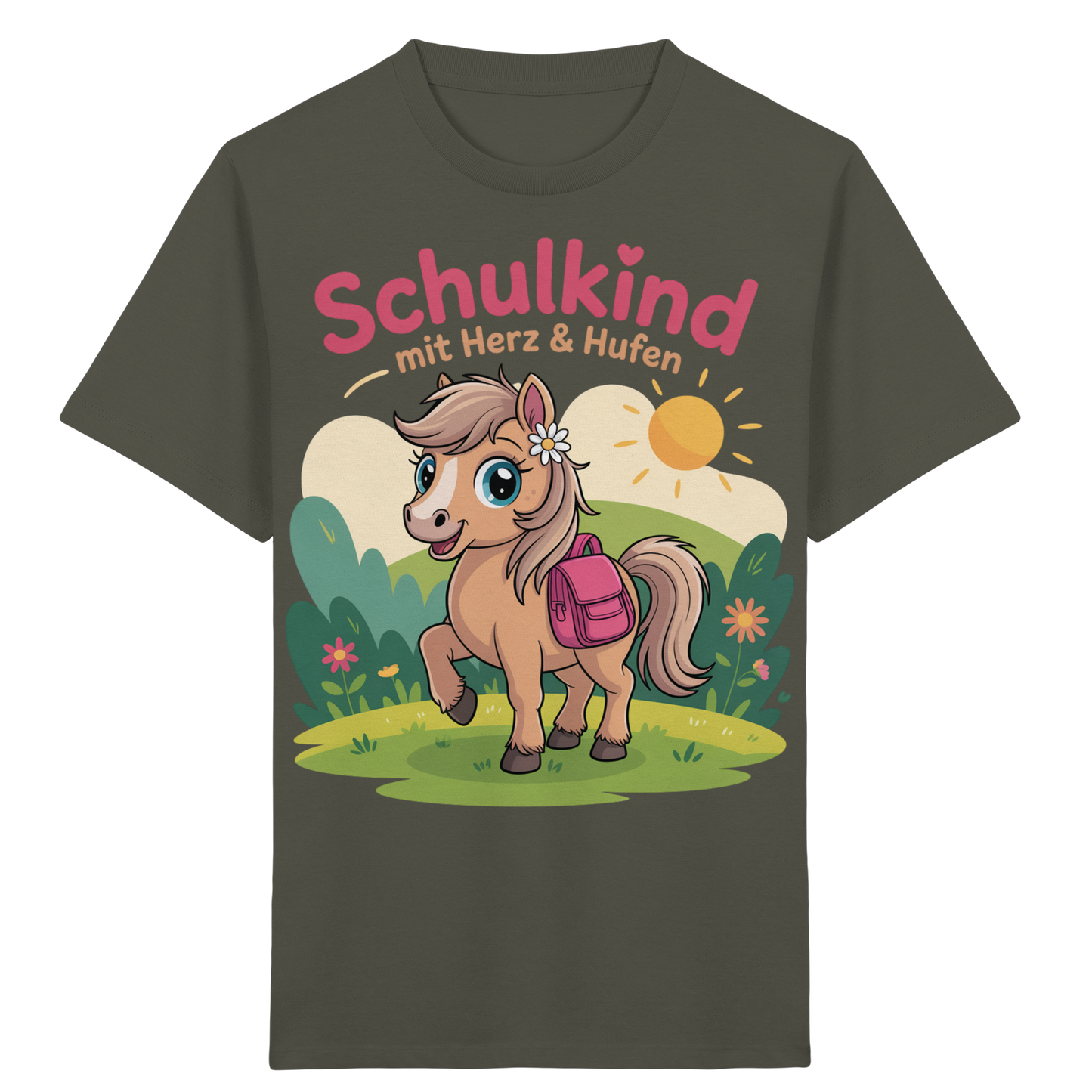 Schulkind 2025 mit Herz & Hufen mit Namen Personalisiert - Kids Organic Shirt