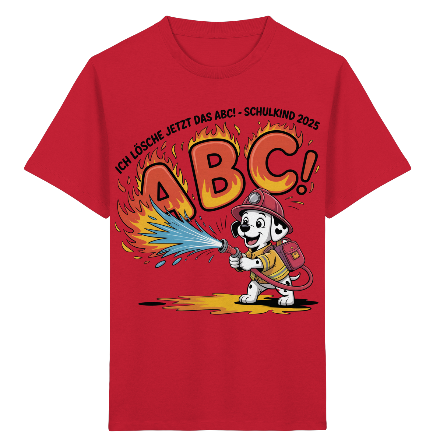 Schulkind 2025 Feuerwehr Hund mit Name Personalisiert  - Kids Bio Shirt
