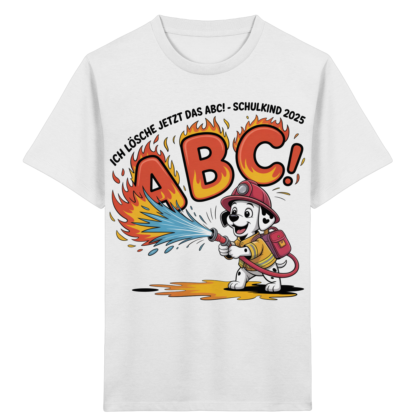 Schulkind 2025 Feuerwehr Hund mit Name Personalisiert  - Kids Bio Shirt