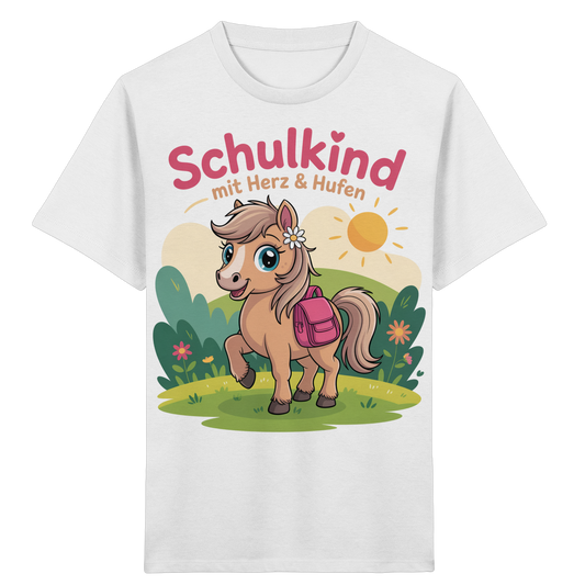 Schulkind 2025 mit Herz & Hufen mit Namen Personalisiert - Kids Organic Shirt