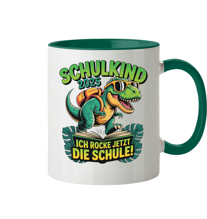 Schulkind 2025 – Dino Ich rocke jetzt die Schule! - Tasse zweifarbig