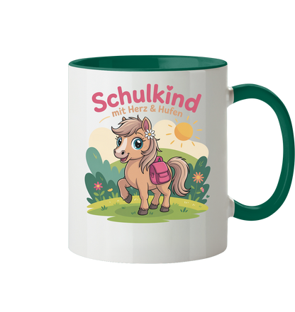 Schulkind 2025 mit Herz & Hufen mit Namen Personalisiert - Tasse zweifarbig