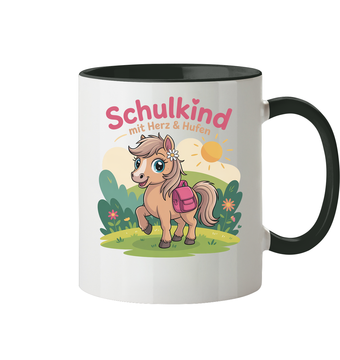 Schulkind 2025 mit Herz & Hufen mit Namen Personalisiert - Tasse zweifarbig
