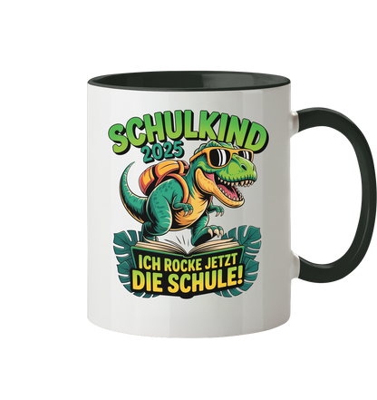 Schulkind 2025 – Dino Ich rocke jetzt die Schule! - Tasse zweifarbig
