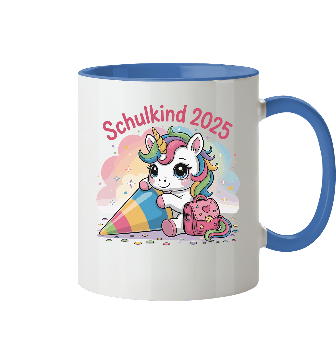 Schulkind 2025 – Einhorn mit Namen Personalisiert  - Tasse zweifarbig