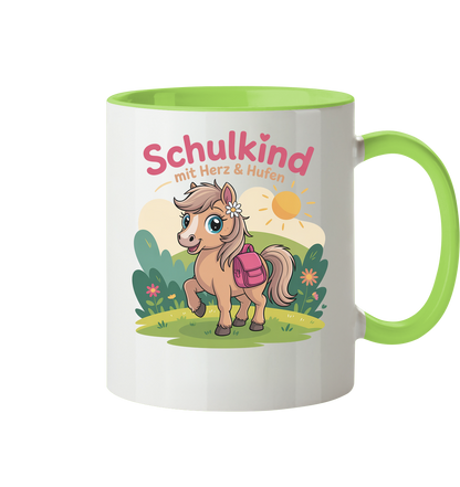 Schulkind 2025 mit Herz & Hufen mit Namen Personalisiert - Tasse zweifarbig