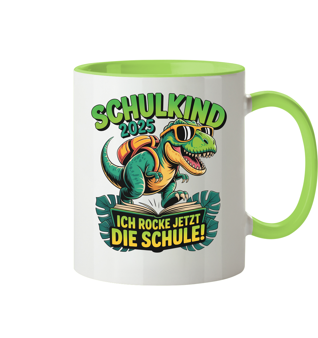 Schulkind 2025 – Dino Ich rocke jetzt die Schule! - Tasse zweifarbig