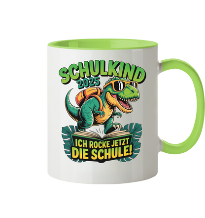 Schulkind 2025 – Dino Ich rocke jetzt die Schule! - Tasse zweifarbig