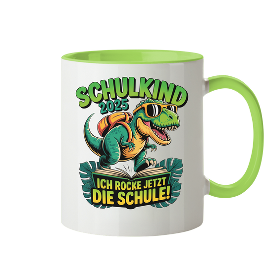 Schulkind 2025 – Dino Ich rocke jetzt die Schule! - Tasse zweifarbig