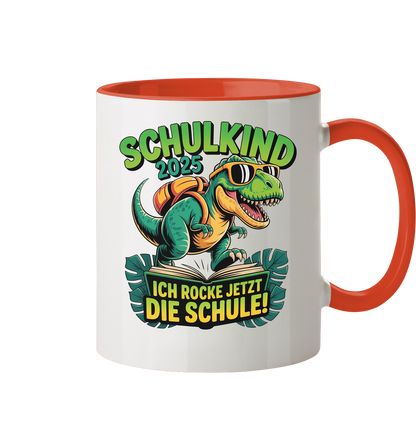 Schulkind 2025 – Dino Ich rocke jetzt die Schule! - Tasse zweifarbig
